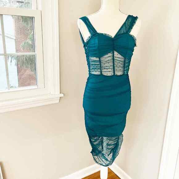 NEW House of Harlow 1960 x Revolve Nola Aquamarine Ruched Dress - Picture 2 of 7